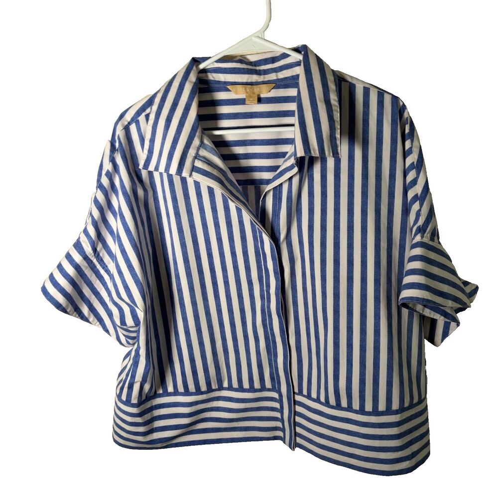 Hope & Harlow Shirt Women's XL Boxy Blue Striped Button Up Short Sleeve Top